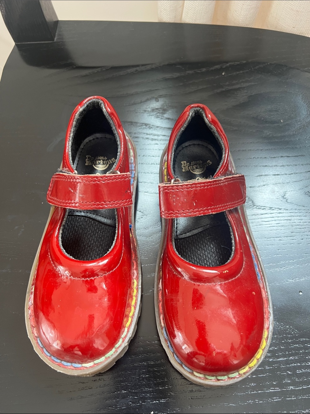 Dr. Martens Mary Jean Kids Glossy Red Mary Jane Shoes with Rainbow Welt sz 10